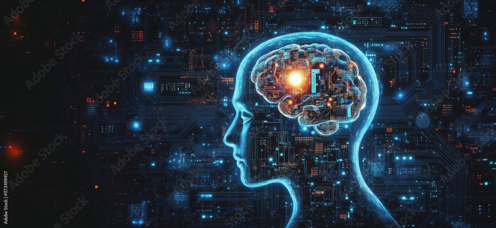 Poster digital brain visualization with circuitry background, futuristic technology concept, artificial int