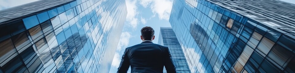 Obraz premium businessman in suit, standing, looking up at towering skyscrapers, urban canyon, financial district, wide panoramic view, blue tinted, glass and steel architecture, imposing cityscape, modern metropol