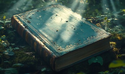 Antique book with aged teal cover rests on mossy forest ground, sunlit.