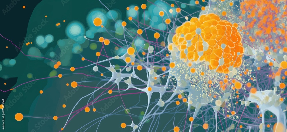 Poster neural network visualization with colorful neurons and synapses, abstract representation of brain ac