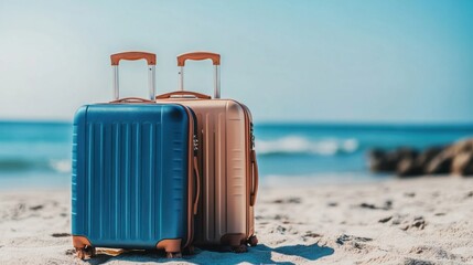 Modern travel luggage placed on a sandy beach, with bright sunlight and a vivid blue ocean in the background