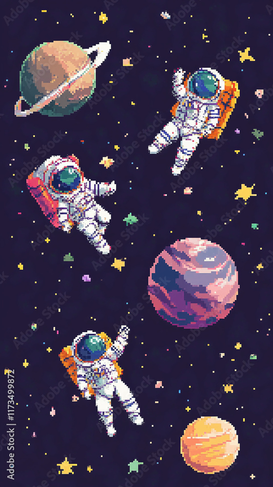 Poster pixel art outer space exploration set with astronauts and planets.