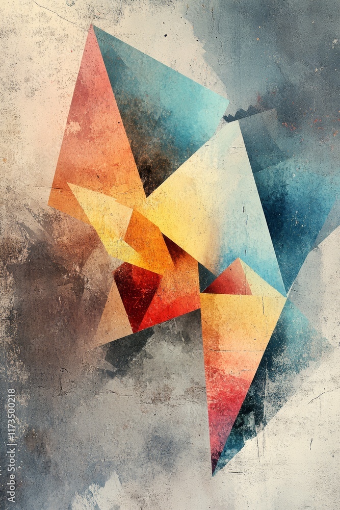 Poster a colorful abstract painting with a triangle in the middle. the painting is made up of different sha
