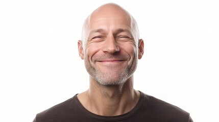 Obraz premium Smiling Bald Man Isolated on White Background with Friendly Expression