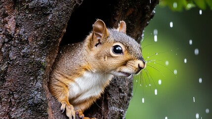 Fototapeta premium Rainy day squirrel tree hole shelter.