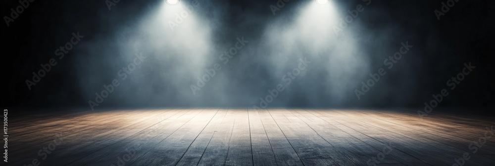 Poster two spotlights are illuminating an empty wooden stage filled with smoke, creating a dramatic and mys