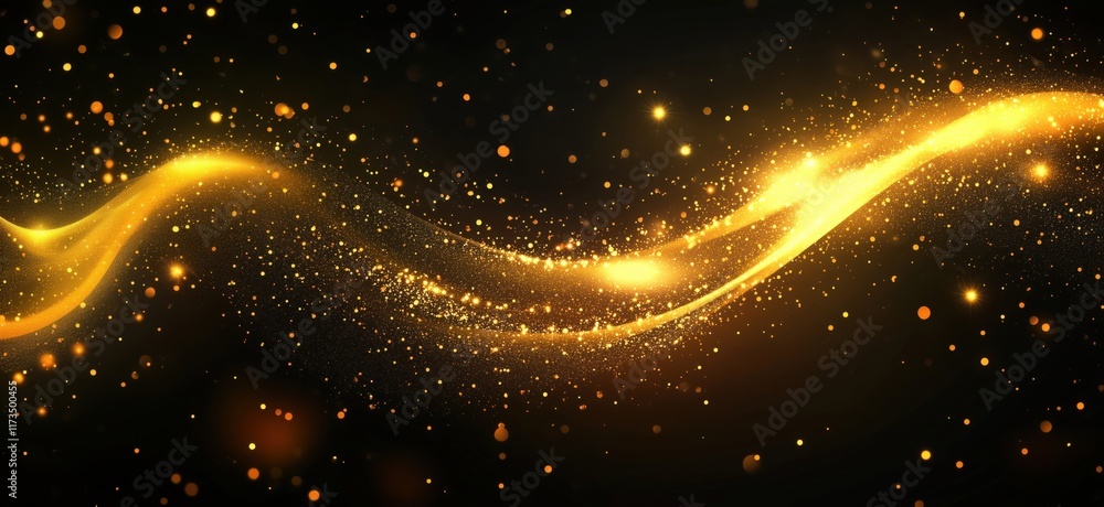 Poster golden sparkling wave with shimmering particles and light effects on dark background, creating a mag
