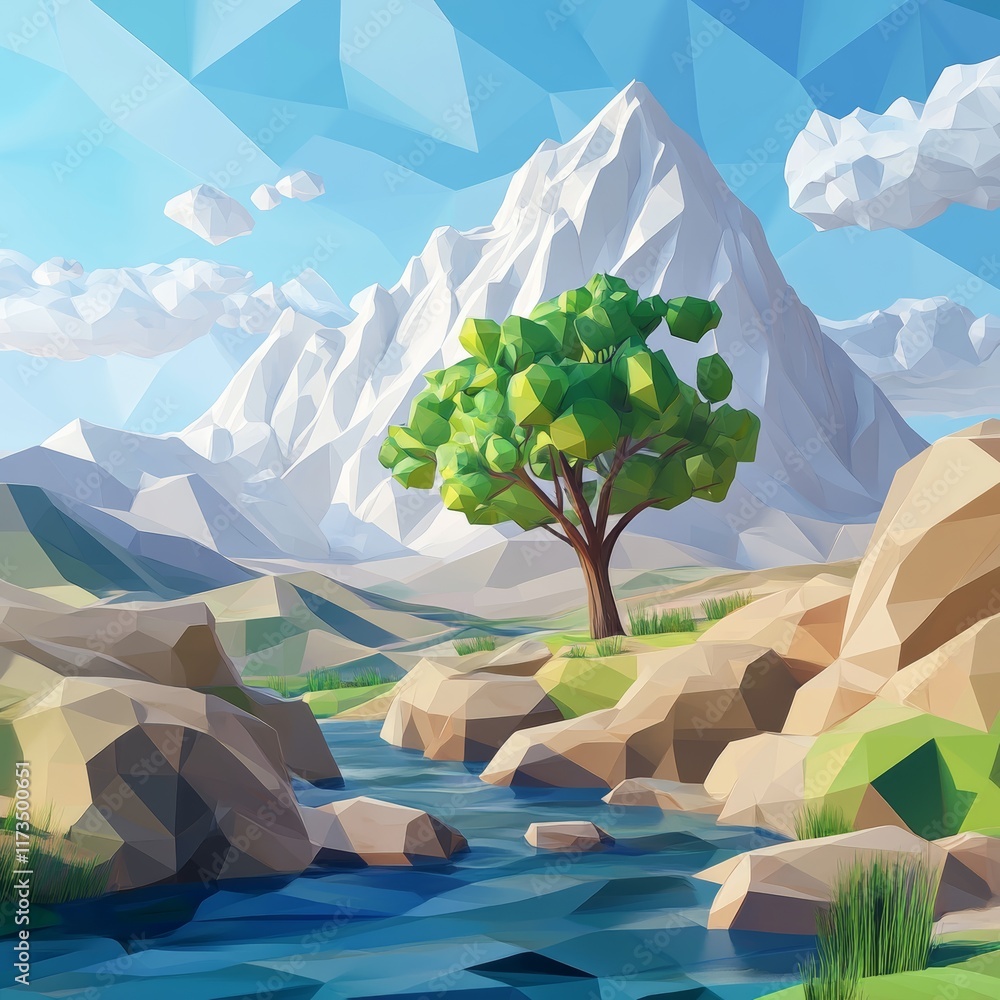 Poster a mountain range with a tree in the foreground. the tree is surrounded by rocks and the water is cal