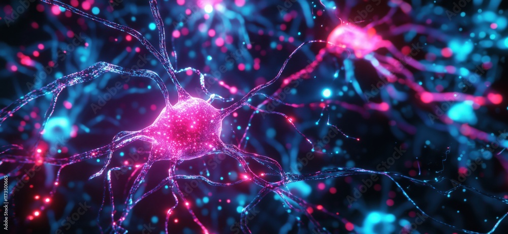 Poster neurons with glowing synapses and vibrant connections, showcasing intricate neural networks and comm