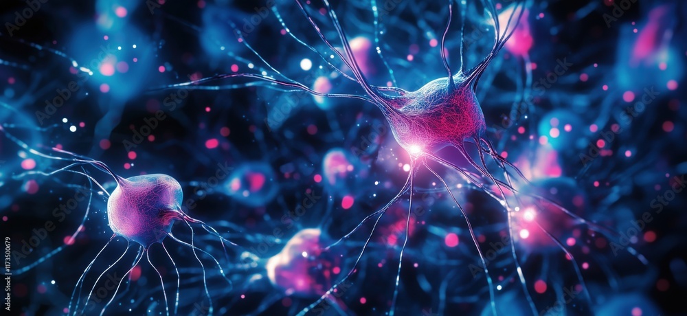 Poster neurons in vibrant colors showcasing synaptic connections and neural activity, representing brain fu