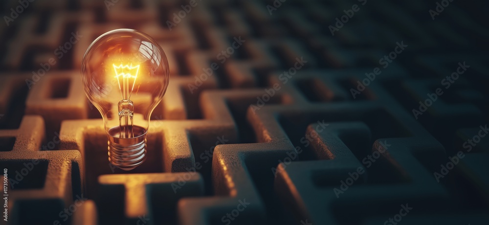 Poster illuminated light bulb in intricate maze symbolizing creativity and problem-solving, showcasing inno