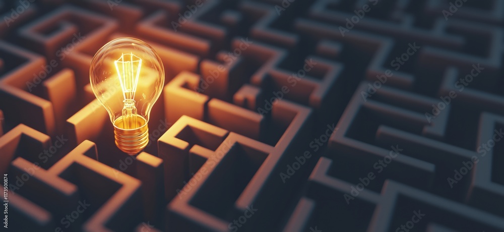 Poster light bulb illuminating maze, symbolizing creativity and problem-solving, showcasing innovation and 