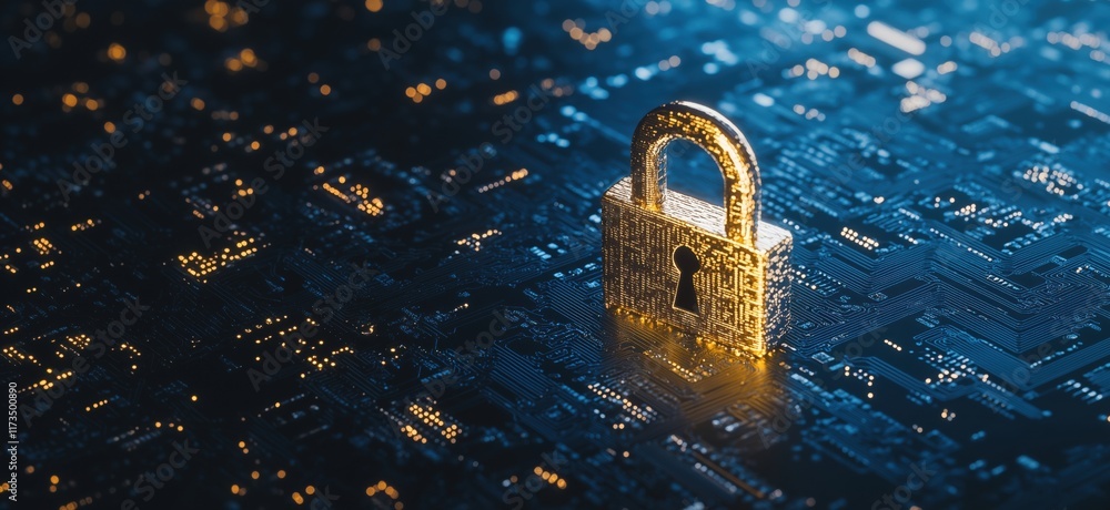 Poster digital security lock on circuit board background representing cybersecurity, data protection, and e