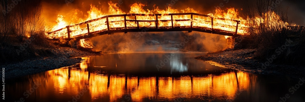 Aufkleber huge flames engulfing a wooden bridge over a river at night, creating a dramatic reflection in the w