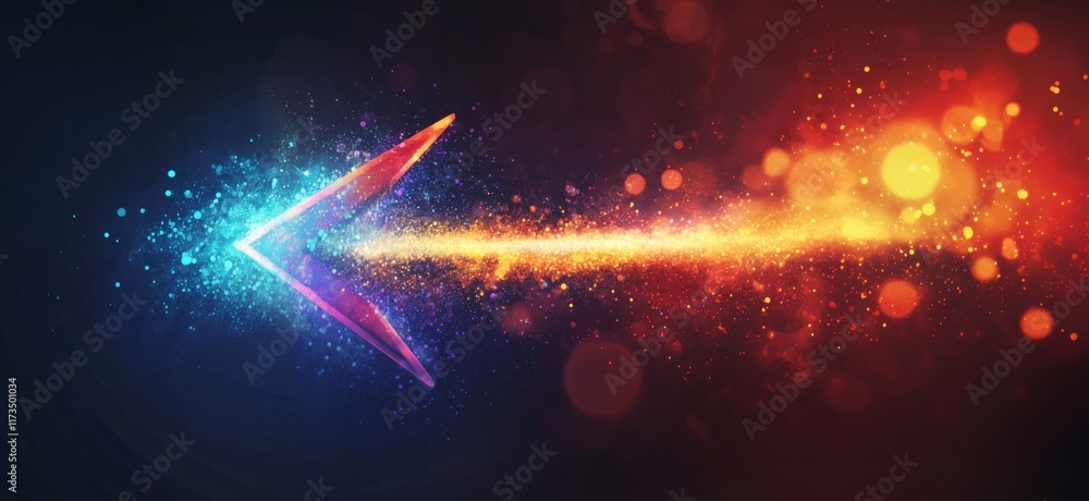 Poster colorful abstract arrow design with vibrant particles and glowing effects, representing motion and d