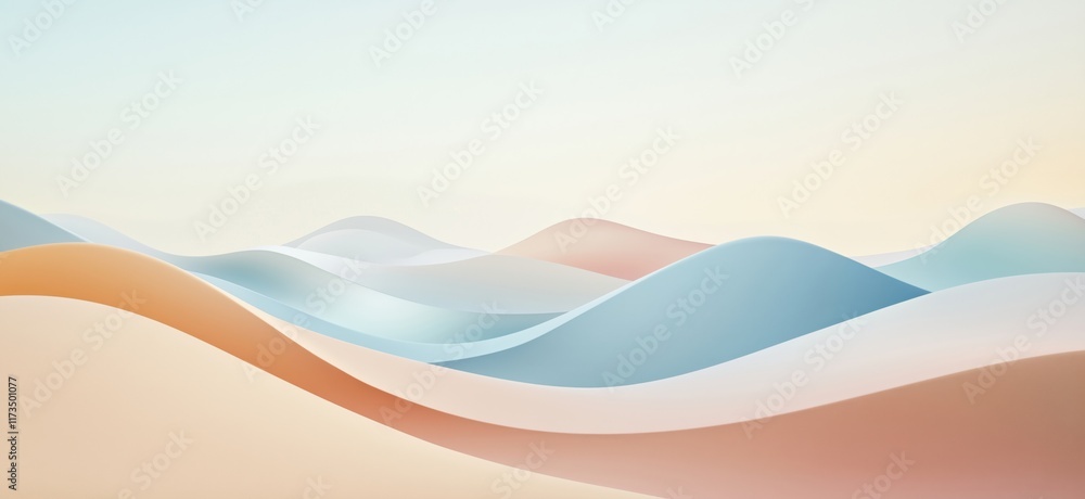 Poster abstract wavy landscape with soft pastel colors, smooth curves, and gentle gradients creating a sere