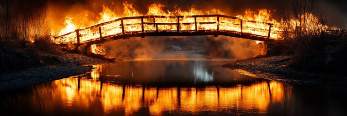 Huge flames engulfing a wooden bridge over a river at night, creating a dramatic reflection in the water, symbolizing destruction, danger, and emergency situations