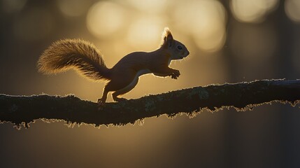 Obraz premium Red squirrel leaping at sunset in forest.