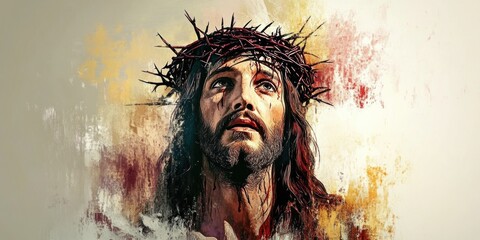 Vibrant abstract artwork of Christ wearing a thorn crown.
