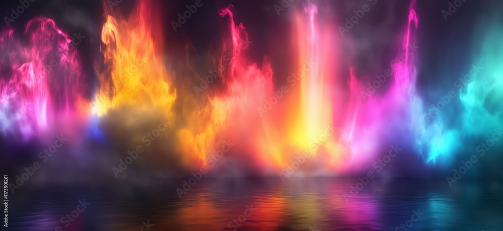 Poster vibrant colorful abstract light display with reflections on water surface, ethereal glow and dynamic