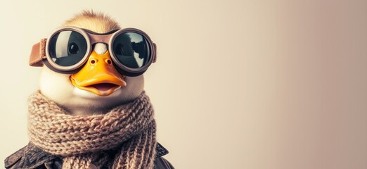 Fototapeta premium Duck wearing oversized goggles and cozy scarf, showcasing playful fashion statement and whimsical character, perfect for humorous and cute imagery, copy space for text