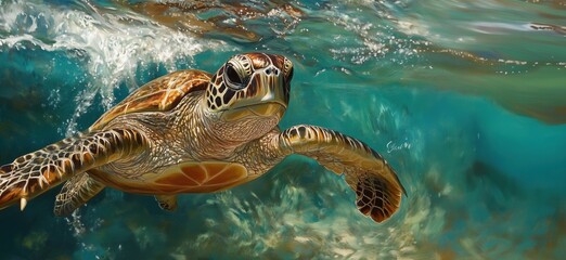 Fototapeta premium Underwater Sea Turtle Swimming Gracefully in Crystal Clear Ocean Water, Vibrant Colors and Detailed Texture, copy space for text