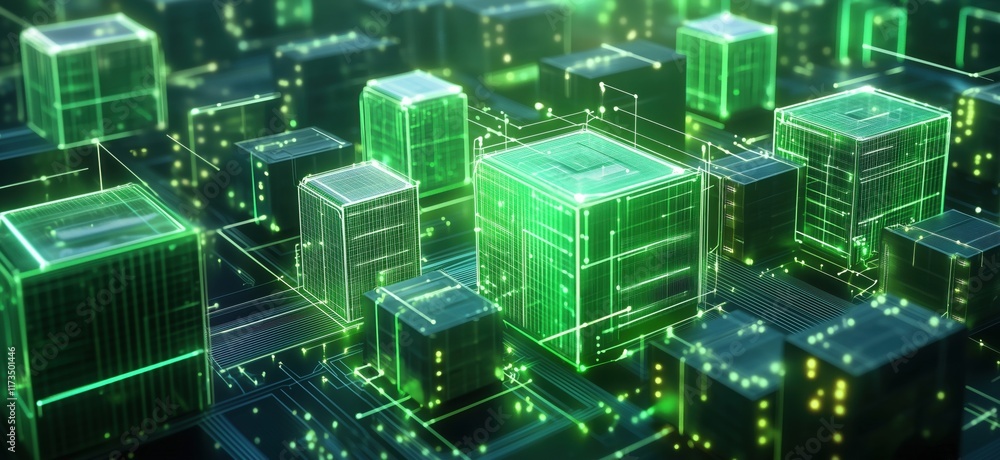 Poster futuristic digital cityscape with glowing green data blocks and circuit patterns, representing advan