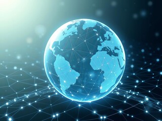 Fototapeta premium 3D illustration of a holographic globe projection on a polygonal grid, showcasing global wireless network blockchain technology in a digital future peering database, projection, global, globe