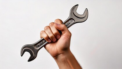 Close up image of a hand holding a wrench on a plain white background
