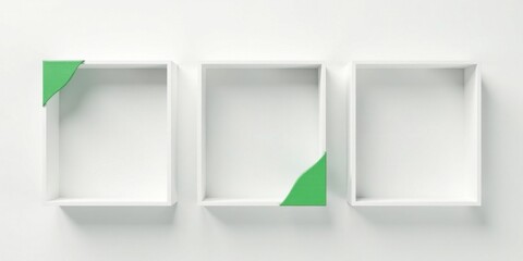 Three minimalist empty white shelves with green corner accents on a seamless white wall