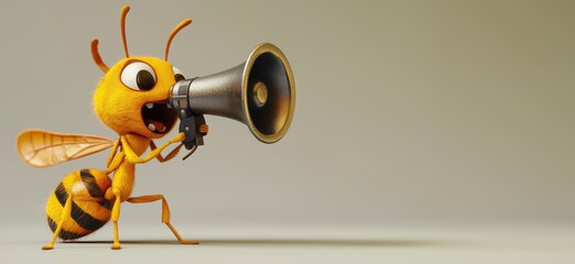 Animated bee character using megaphone to communicate, vibrant colors, cartoonish style, expressive features, playful design, copy space for text