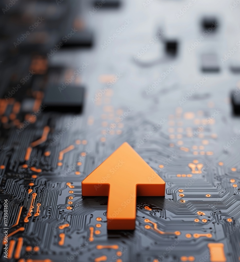 Poster orange arrow symbolizing progress on a circuit board background with black and orange patterns, repr