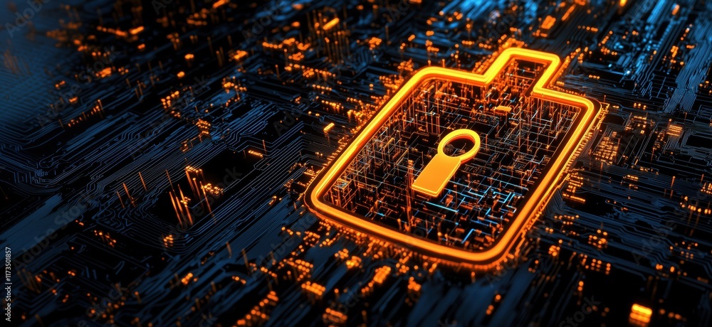 Poster digital security lock symbol glowing in a circuit board landscape, representing cybersecurity and da