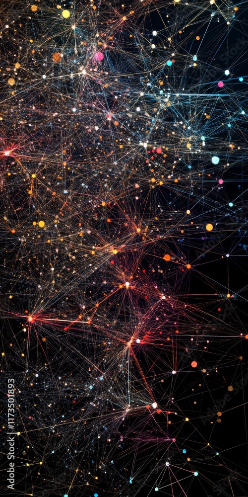 Poster abstract digital network of nodes and connections in a vibrant background with data visualization el