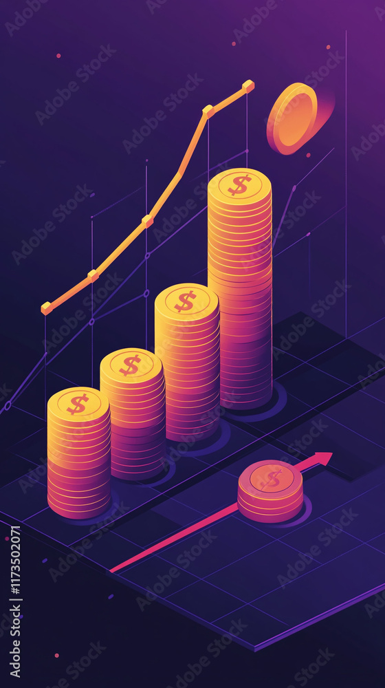 Poster pixel chart illustrating compound interest growth over time with simple animation.