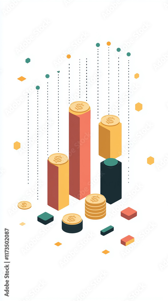 Poster pixel chart illustrating compound interest growth over time with simple animation.