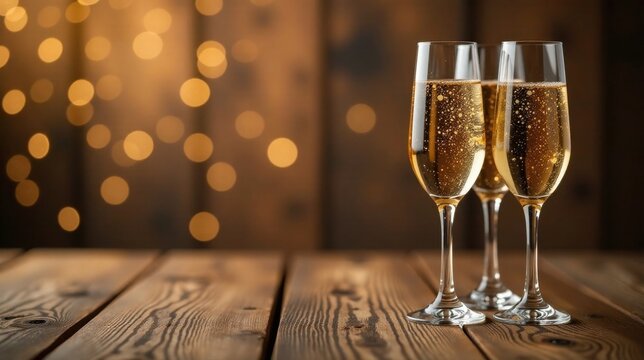 Three glasses of sparkling wine on rustic wood table with warm background lights