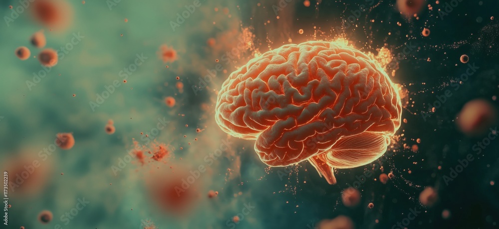 Poster illuminated brain surrounded by abstract particles and energy waves, symbolizing intelligence and cr