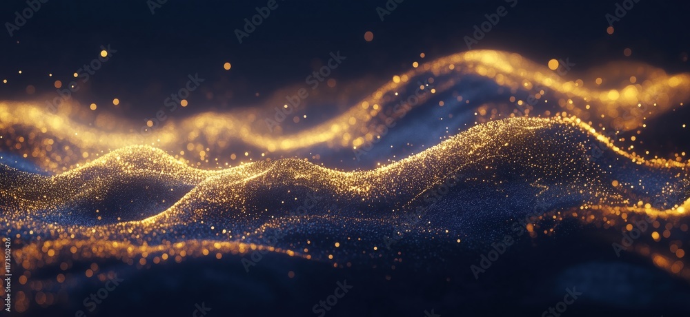 Poster golden shimmering waves of light and particles creating a mesmerizing abstract landscape, copy space