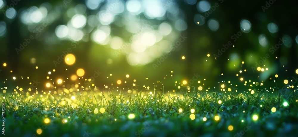Poster magical glowing orbs illuminating lush green grass in serene forest setting, enchanting bokeh effect