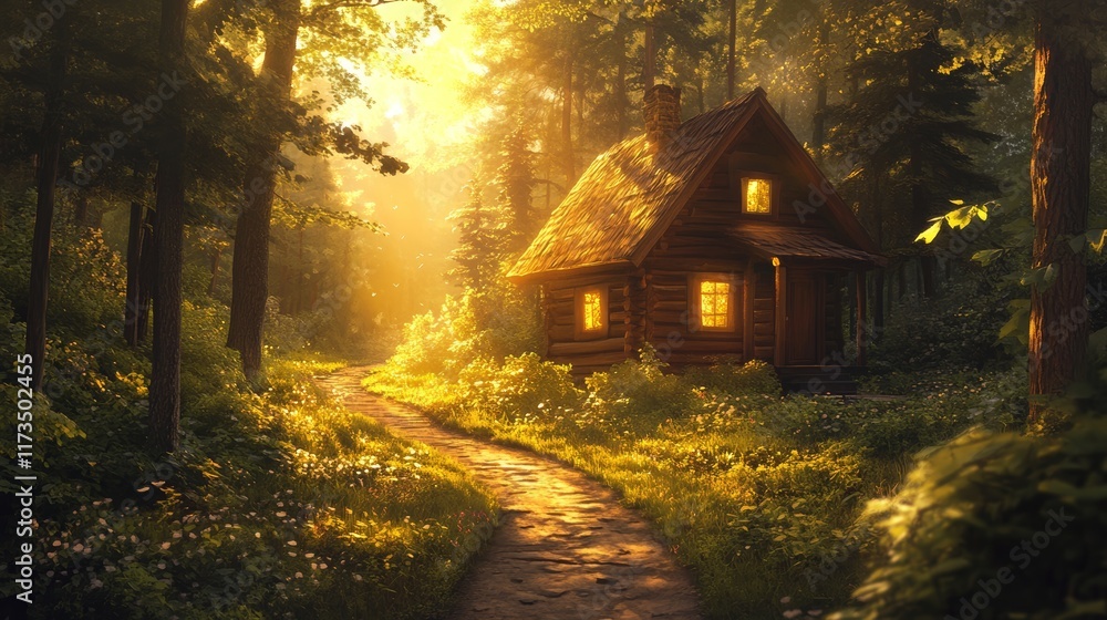 Poster experience the warm glow of sunlight streaming through trees onto a charming log cabin in a serene f