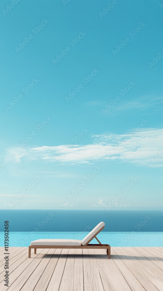 Poster wooden deckchair on a resort's deck by an infinity pool merging with the vast ocean under a serene b