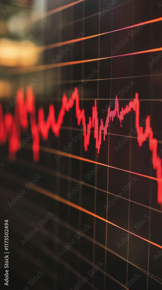 Poster pixel financial graph with a bold red line illustrating a sharp market decline.