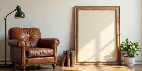 Relaxing Living Room with Large Empty Frame and Leather Armchair