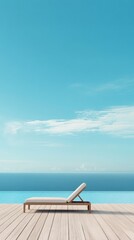 Obraz premium Wooden deckchair on a resort's deck by an infinity pool merging with the vast ocean under a serene blue sky, offering a perfect vacation setting