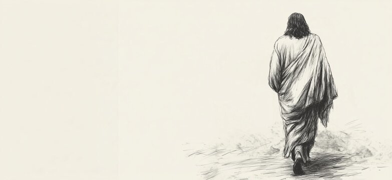 Jesus walking away in serene landscape, depicted in detailed sketch, showcasing spiritual journey and solitude, copy space for text