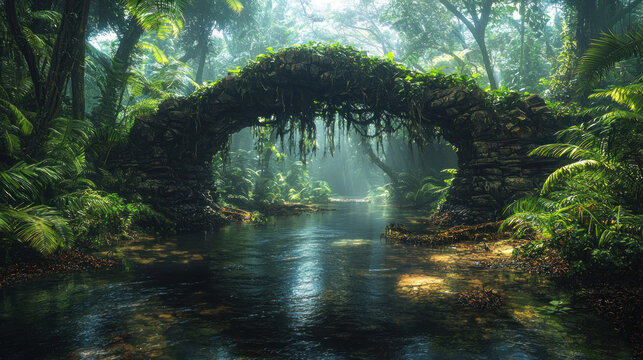 Stone bridge over jungle stream, misty rainforest background, fantasy setting