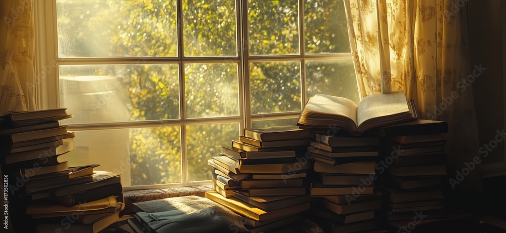 Fototapete sunlit reading nook with stacked books and open volume by window, warm light filtering through curta