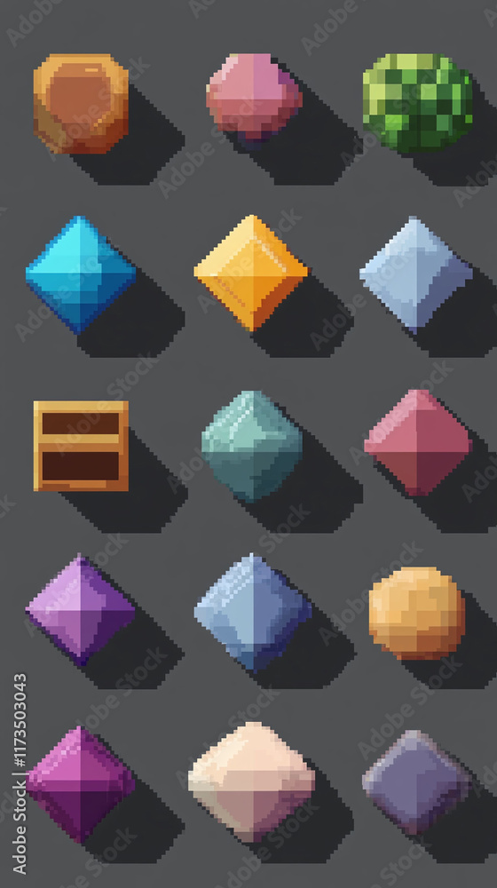 Aufkleber pixel icons of basic geometric shapes in different colors and patterns.