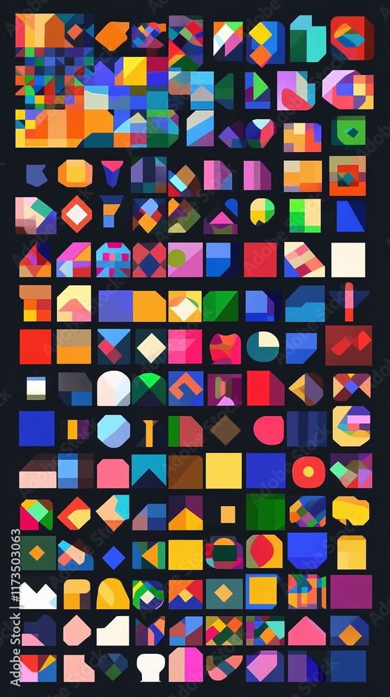 Poster pixel icons of basic geometric shapes in different colors and patterns.